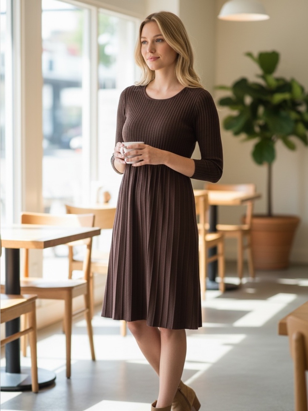 Eileen Fisher Chocolate Brown Ribbed Pleated Knit Dress - Women Petite Small